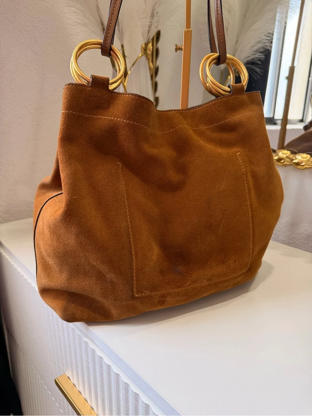Tory Burch Brown Suede Shoulder Bag with Gold Ring Hardware